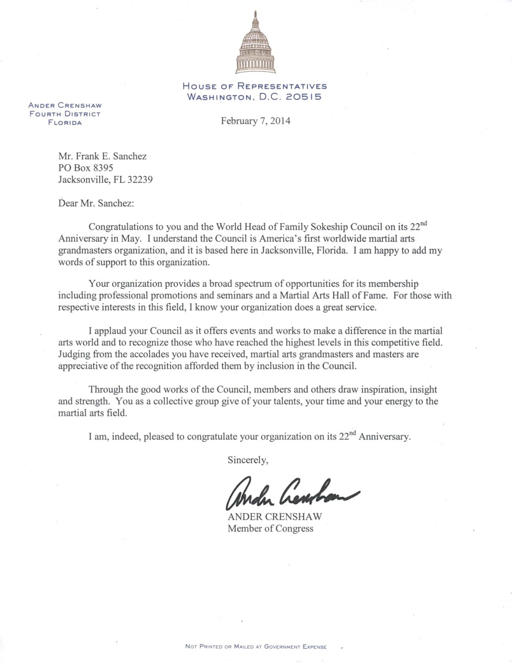 2014 congratulatory letter from Florida Congressman Ander Crenshaw